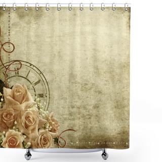 Personality  Retro Vintage Romantic Background With Roses And Clock Shower Curtains