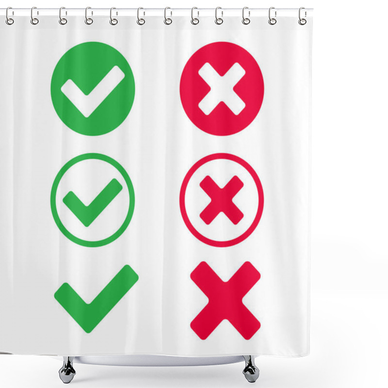 Personality  Check Marks Icon Signs Vector Illustration Set. Yes Or No, Right And Wrong, In The Circle And Without It, Tick And Cross, OK Or X Flat Design Version Of Check Mark Buttons Shower Curtains