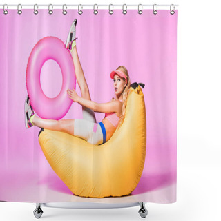 Personality  Attractive Girl On Bean Bag Chair With Inflatable Swim Ring On Pink, Doll Concept Shower Curtains