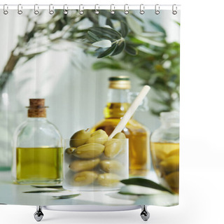 Personality  Glass With Spoon And Green Olives, Jar, Various Bottles Of Aromatic Olive Oil With And Branches On White Table Shower Curtains