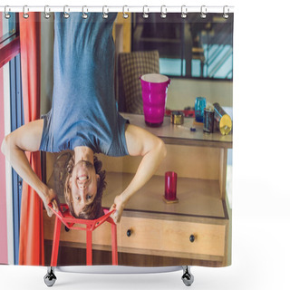 Personality  A Man Stands On His Hands Upside Down In The Kitchen. Shower Curtains