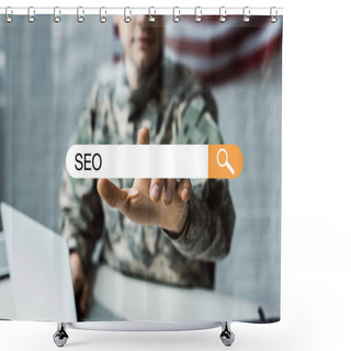 Personality  Selective Focus Of Man In Military Uniform Pointing With Finger At Address Bar With Seo Lettering  Shower Curtains