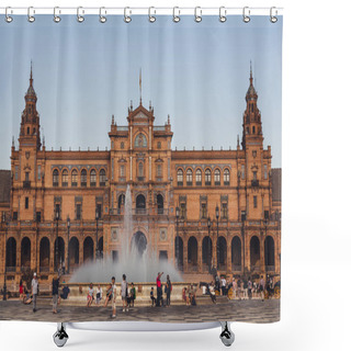 Personality  View Of Spain Square With Town Hall And Fountain Under Blue Sky, Seville Shower Curtains