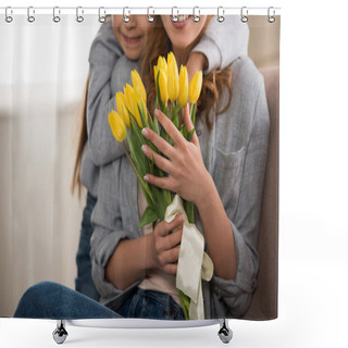 Personality  Cropped Shot Of Happy Child Hugging Smiling Mother With Yellow Tulips Shower Curtains
