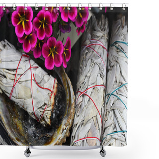 Personality  A Close Up Image Of Three White Sage Bundles And Abalone Shell Next To Bright Pink Flowers.  Shower Curtains