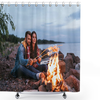 Personality  Happy Couple Roasting Marshmallows On Sticks Near Bonfire  Shower Curtains