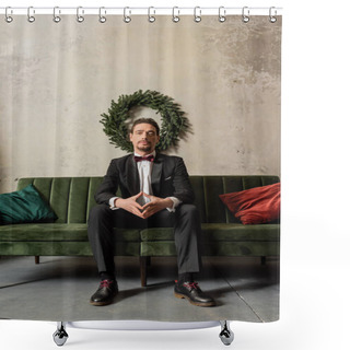 Personality  Well-dressed Gentleman With Beard Wearing Tuxedo With Bow Tie Sitting On Sofa Near Christmas Wreath Shower Curtains