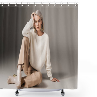 Personality  Elegant Beautiful Girl Posing In White Sweater And Autumn Heels, On Grey  Shower Curtains