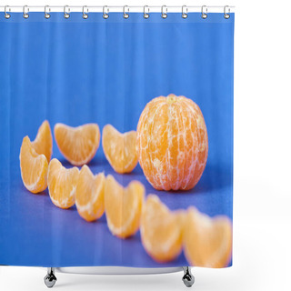 Personality  Selective Focus Of Tangerine Slices Near Peeled Clementine On Blue Background Shower Curtains