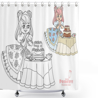 Personality  Beautiful Princess Near The Table Laid For Tea Drinking With A Big Delicious Cake Color And Outlined For Coloring Book Isolated On White Background Shower Curtains
