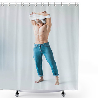 Personality  Muscular Man Covering Face While Taking Off White T-shirt And Standing On White  Shower Curtains