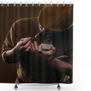 Personality  Man In Stylish Clothes Lighting Cigarette Isolated On Brown Shower Curtains