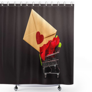 Personality  Shopping Cart With Rose Petals And Envelope Isolated On Black Shower Curtains