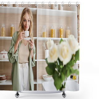 Personality  Woman Standing In Front Of Kitchen Shelf, Holding A Cup. Shower Curtains