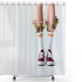 Personality  Cropped Shot Of Girl With Fresh Flowers In Socks On Grey Shower Curtains