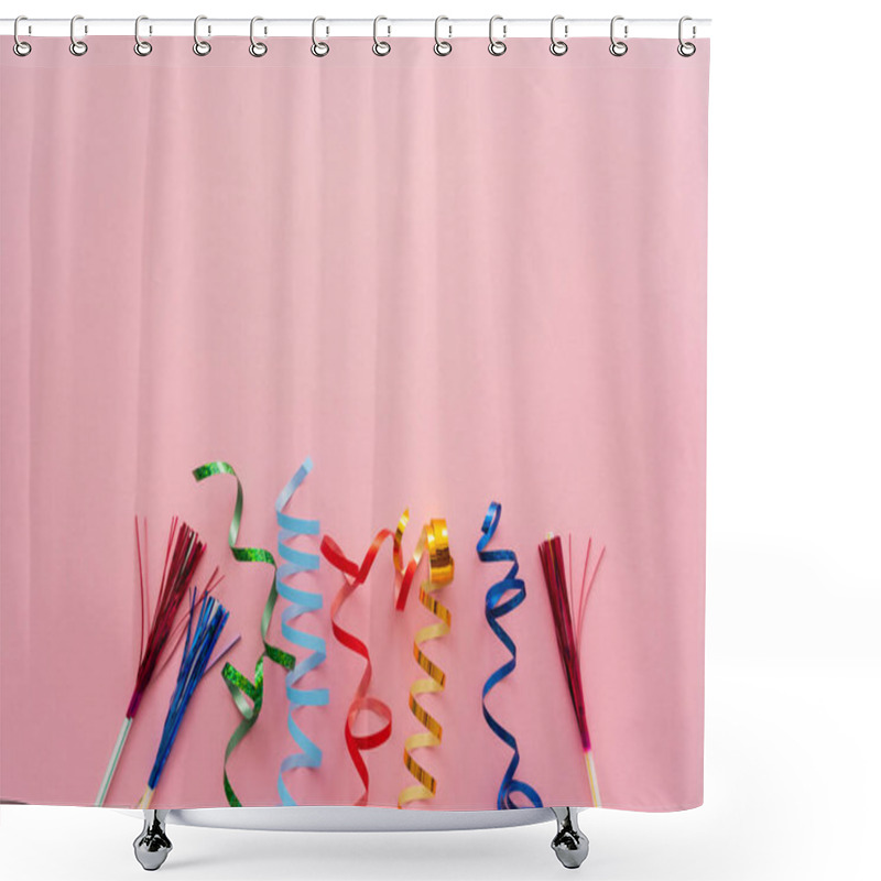 Personality  Top View Of Serpentine And Drinking Straws With Tinsel On Pink Background  Shower Curtains