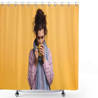 Personality  Frozen Woman In Knitted Sweater Drinking Tea Isolated On Orange Shower Curtains