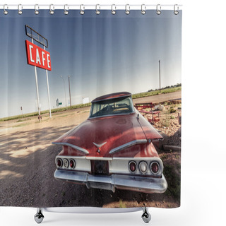 Personality  Cafe Sign And Red Retro Car Along Route 66 Shower Curtains