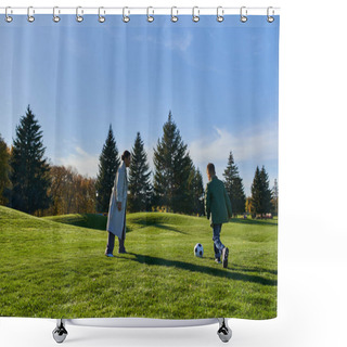 Personality  Cheerful African American Boy Playing Football With Happy Mother On Green Field, Soccer, Autumn, Run Shower Curtains