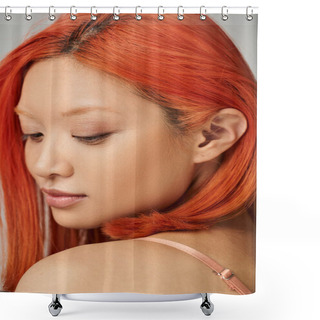 Personality  Portrait Of Alluring Young Asian Woman With Perfect Skin And Natural Makeup On Grey Background Shower Curtains