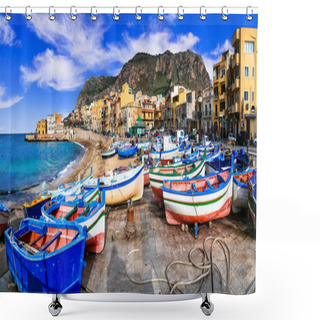 Personality  Traditional Fishing Village Aspra With Colorful Boats In Sicily. Shower Curtains