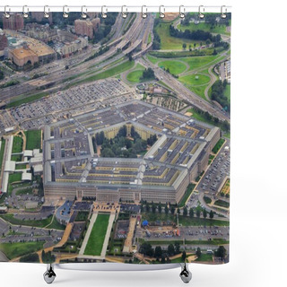 Personality  Aerial View Of The United States Pentagon, The Department Of Defense Headquarters In Arlington, Virginia, Near Washington DC, With I-395 Freeway And The Air Force Memorial And Arlington Cemetery Nearby. Shower Curtains