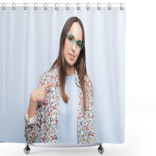 Personality  Young Pretty Woman Looking Proud, Confident And Happy, Smiling And Pointing To Self Or Making Number One Sign Against Blue Wall Shower Curtains