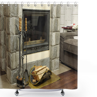 Personality  Firewood Burns In The Fireplace Creating Warmth And Homeliness Shower Curtains