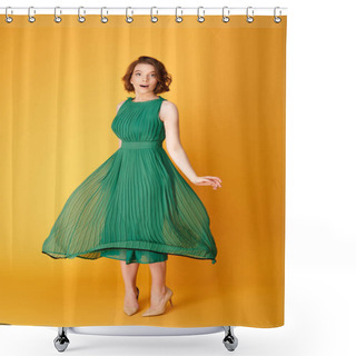 Personality  Young Beautiful Woman In Green Dress Isolated On Orange Shower Curtains