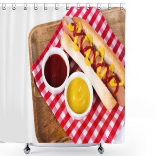 Personality  Tasty Hot Dog With Mustard And Ketchup On Plaid Table Napkin And Wooden Tray Isolated On White Shower Curtains