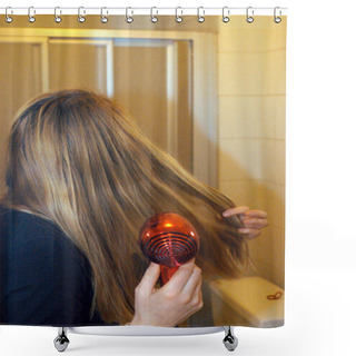 Personality  Young Woman Blow Drying Her Long Blonde Hair With A Red Hair Dryer Shower Curtains