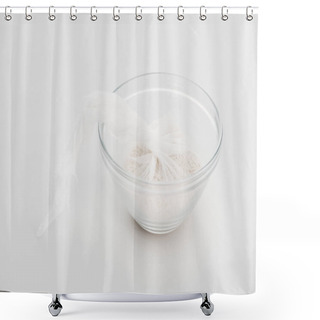 Personality  Rice In Cheesecloth In Glass Bowl On Grey Background Shower Curtains
