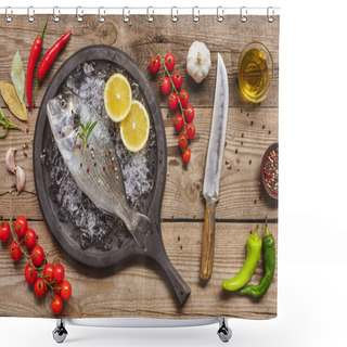 Personality  View From Above Of Tray With Uncooked Fish Surrounded By Ingredients On Table Shower Curtains