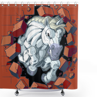 Personality  White Horse Mascot Crashing Through Wall Vector Illustration Shower Curtains