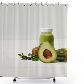 Personality  Fresh Detox Smoothie With Green Avocado, Kiwi And Mint On White Wooden Surface    Shower Curtains