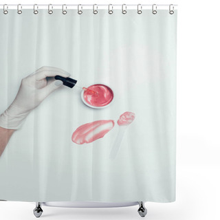 Personality  A Hand In Latex Glove Holding Pipe Near Container With Pink Mask, Spoon And Smudge On White Surface Shower Curtains