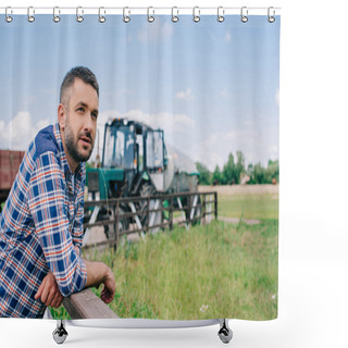 Personality  Pensive Middle Aged Farmer Leaning At Railing And Looking Away At Farm  Shower Curtains