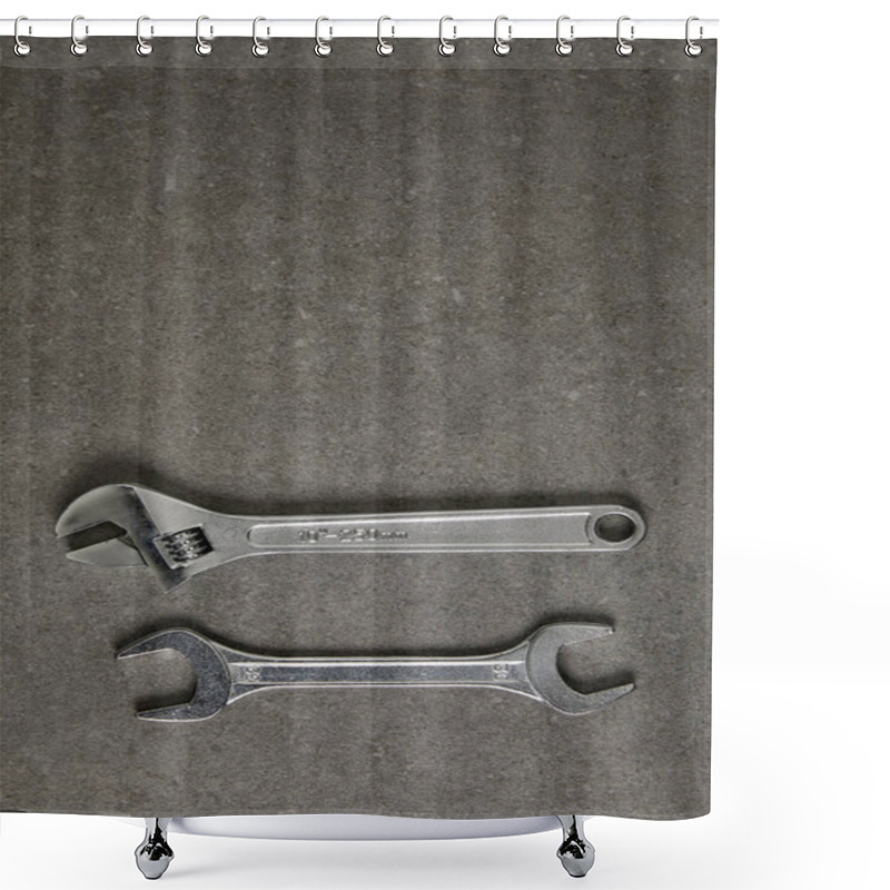 Personality  top view of adjustable wrench and spanner on gray surface  shower curtains