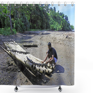Personality  Indigenous Fijan Man Building A Traditional Fijian Bamboo Boat Shower Curtains
