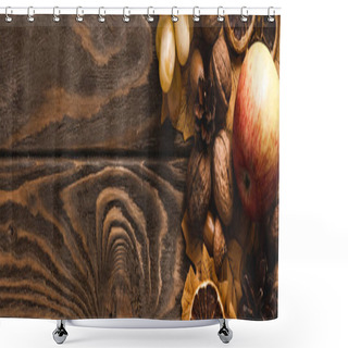 Personality  Top View Of Autumnal Harvest And Foliage On Brown Wooden Background, Panoramic Shot Shower Curtains