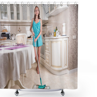 Personality  Young Woman Daydreaming And Mopping Kitchen Floor Shower Curtains