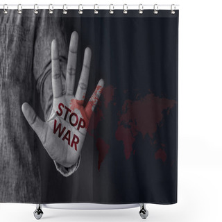 Personality  Stop War Concept, Hand Of Human Show An Expression To Antiwar With Text And Red Blood World Map Shower Curtains