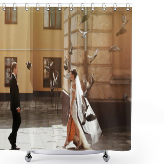 Personality  Bride Walking To Handsome Groom Shower Curtains
