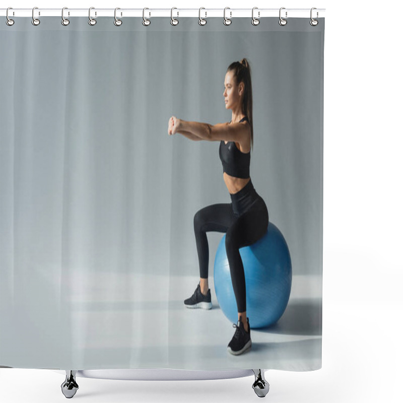 Personality  Fit Brunette Sportswoman In Black Active Wear Exercising On Fitness Ball On Grey Background, Balance Shower Curtains