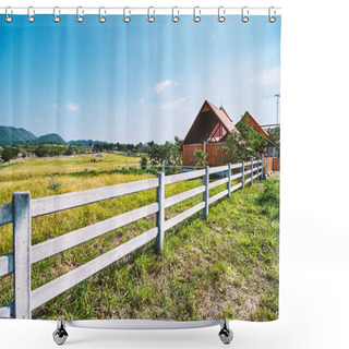 Personality  White Fence And Farm House Idyllic Rural Scenery Landscape In Nature With Hill Background Shower Curtains