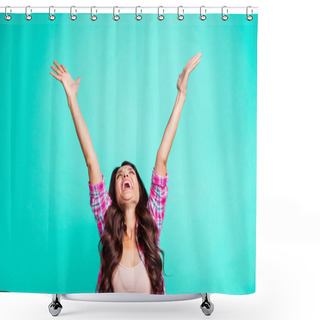 Personality  Portrait Of Her She Nice Cool Attractive Cheerful Cheery Optimistic Wavy-haired Lady Wearing Checked Shirt Lottery Winner Great Best Luck Isolated Over Teal Turquoise Bright Vivid Shine Background Shower Curtains