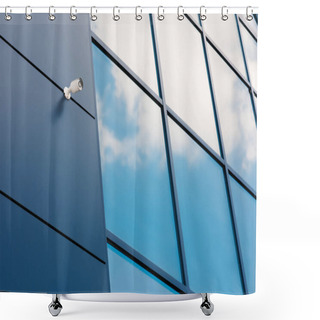 Personality  Glass Facade Of Modern Office Building With Security Camera And Reflected Clouds Shower Curtains