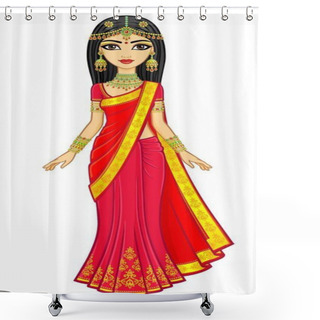 Personality  Asian Beauty. Animation Portrait Of The Young Indian Girl In Traditional Clothes. Fairy Tale Princess. Full Growth. Vector Illustration Isolated On A White Background. Shower Curtains