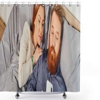 Personality  Top View, Networking, Relaxation Time, Tattooed Couple Relaxing, Weekends Without Kids, Husband And Wife, Bearded Man Using Smartphone Near Redhead Woman, Cozy Bedroom, Screen Time, Banner  Shower Curtains