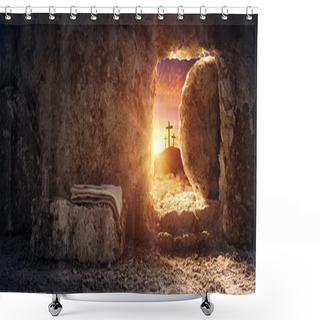 Personality  Tomb Empty With Shroud And Crucifixion At Sunrise Resurrection Of Jesus Christ Shower Curtains